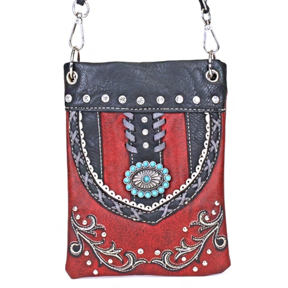 Handbags - Dark Red Western Concho Floral Crossbody Bag